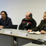 Sie informierten bei der Pressekonferenz zum Thema Afrikanische Schweinepest (von links): Sven Dude, Friedrich Schmidt, Dr. Katrin Stein, Adil Oyan, Klaus Velbecker, Markus Stifter und Wolfgang Dörr.                     Foto: Kreisverwaltung