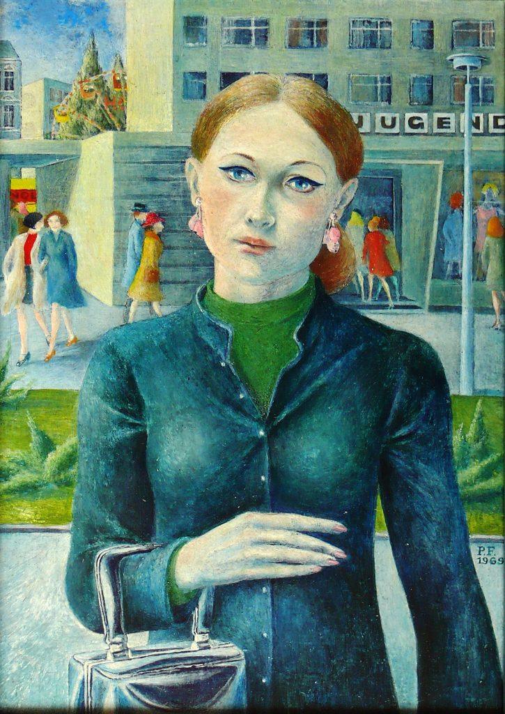 Petra Flemming (1944 Großsteinberg - 1988 Arnstadt bei Erfurt)
Selbstbildnis in der Stadt, 1969, Mischtechnik auf Hartfaser,
23,5 x 17 cm, Privatbesitz
Foto/Repro: Kunsthalle Darmstadt, 2025